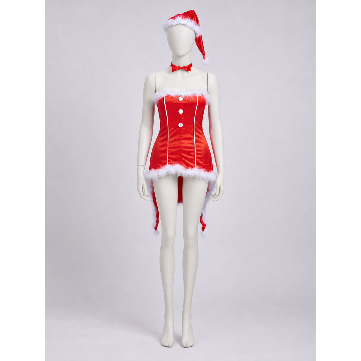 Red Christmas cosplay costume designed as a Santa Claus look. The set includes a festive costume in a red color theme with white decorative elements. The design features a sleeveless bustier silhouette, a red dress with a fitted contour, an