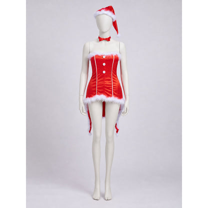 Red Christmas cosplay costume designed as a Santa Claus look. The set includes a festive costume in a red color theme with white decorative elements. The design features a sleeveless bustier silhouette, a red dress with a fitted contour, an