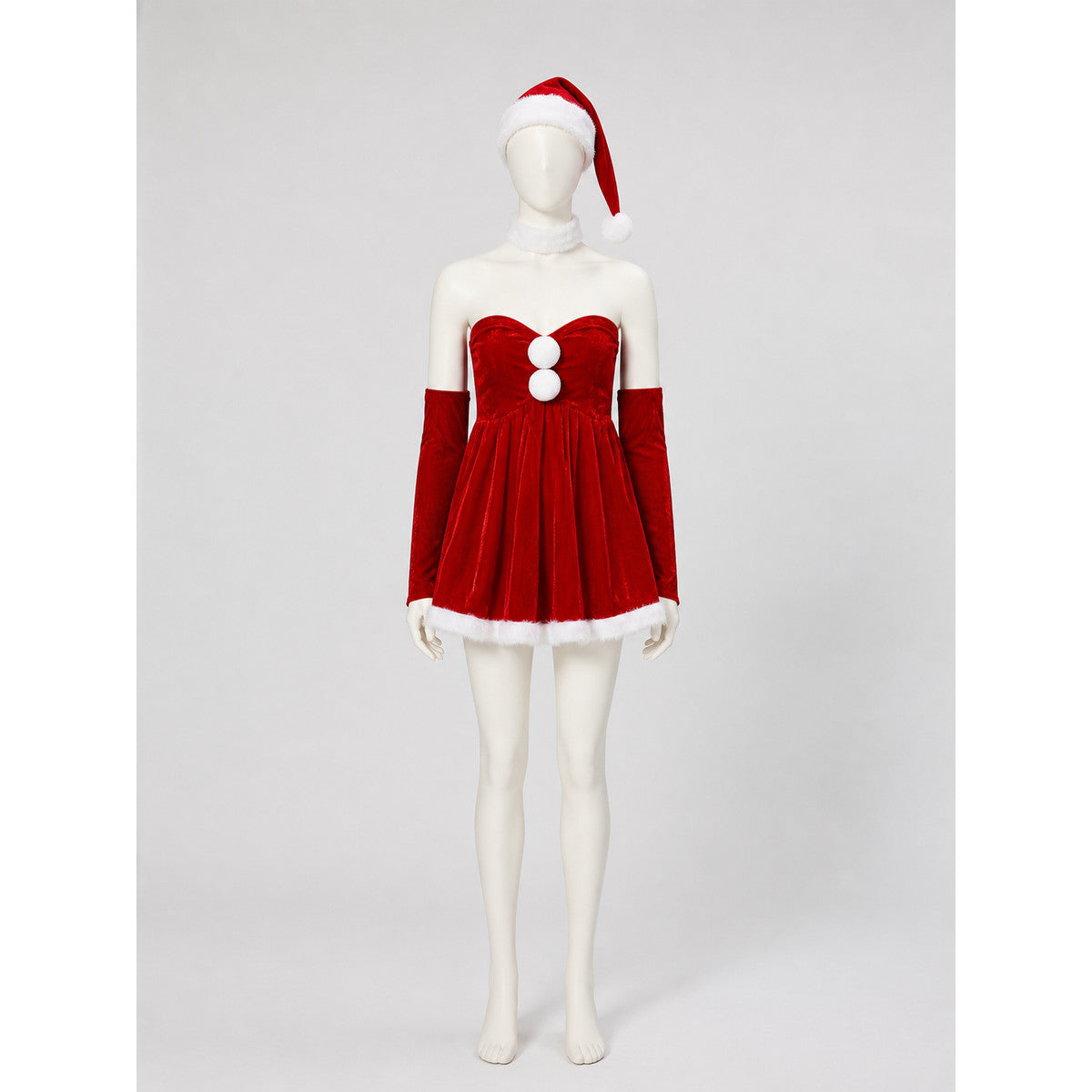 Red Santa Christmas Costume with Full Skirt and Hat on-model view