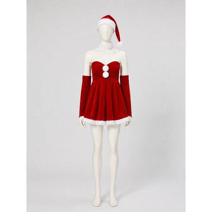 Red Santa Christmas Costume with Full Skirt and Hat on-model view