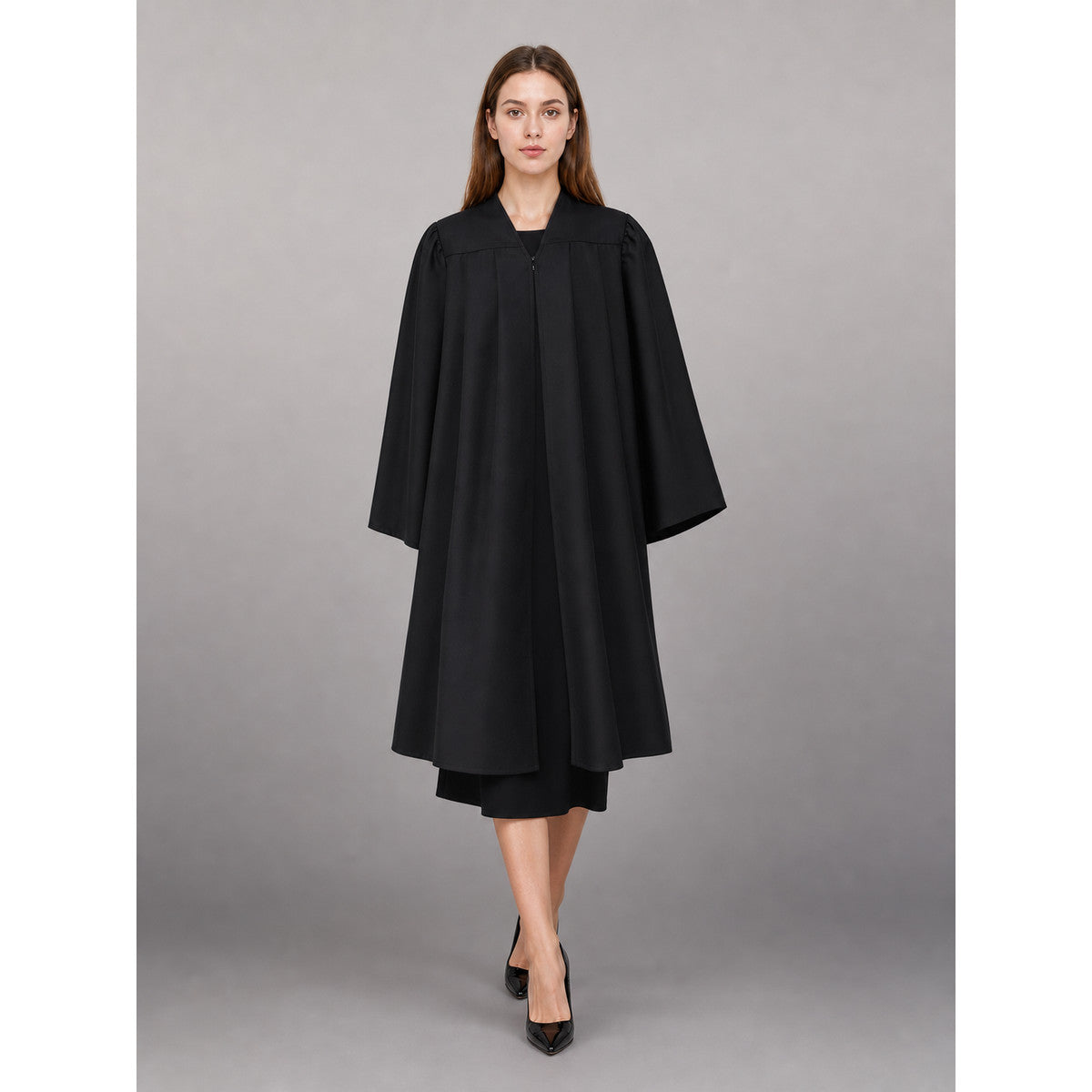 Long Black Hooded Carnival Cloak front view