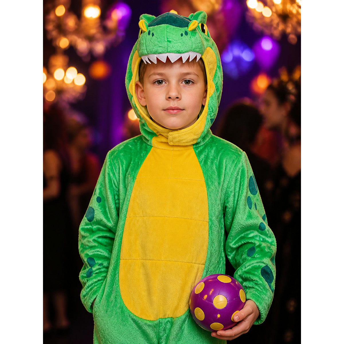 Green Dinosaur Hooded Bodysuit Costume with Blue Spots and Tail - Halloween on-model view