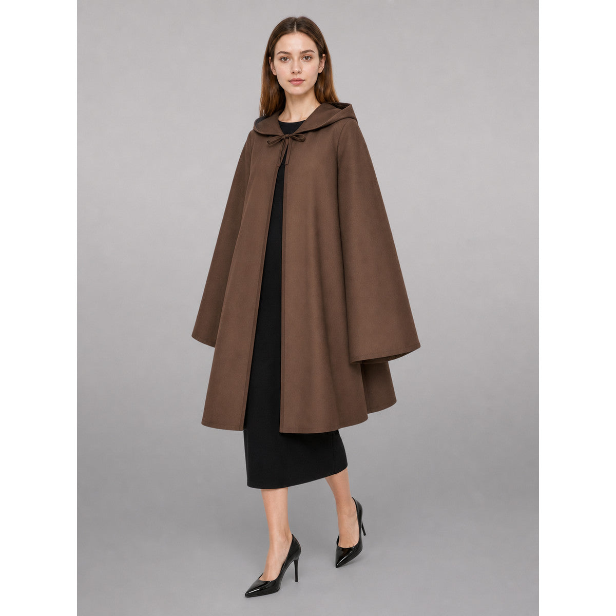 Brown Hooded Medieval Carnival Cloak front view