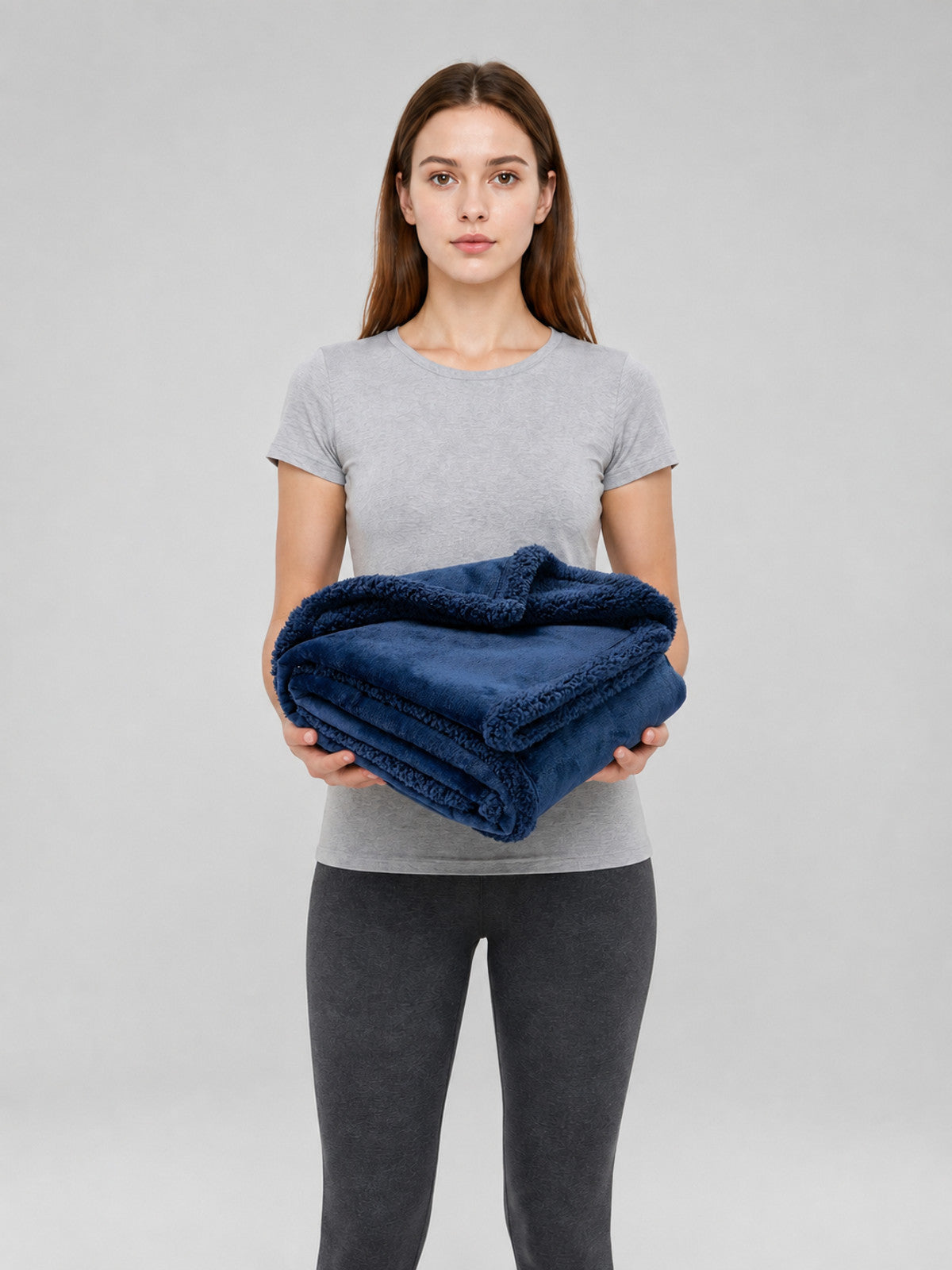 Reversible Dark Blue Pet Blanket on-model view