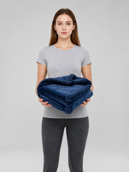 Reversible Dark Blue Pet Blanket on-model view