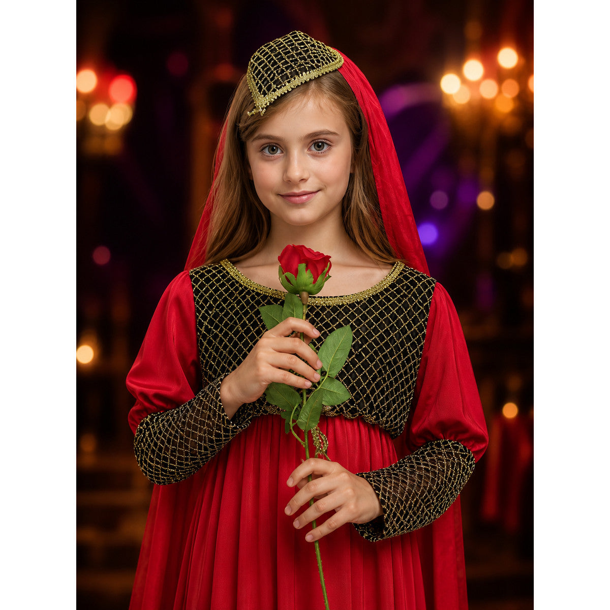 Red Princess Costume Dress with Black Gold Pattern and Headpiece, Long Sleeve