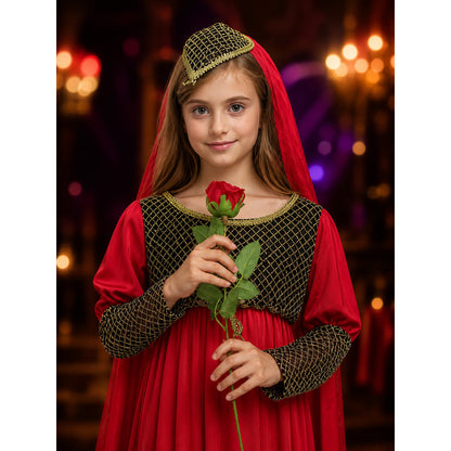 Red Princess Costume Dress with Black Gold Pattern and Headpiece, Long Sleeve