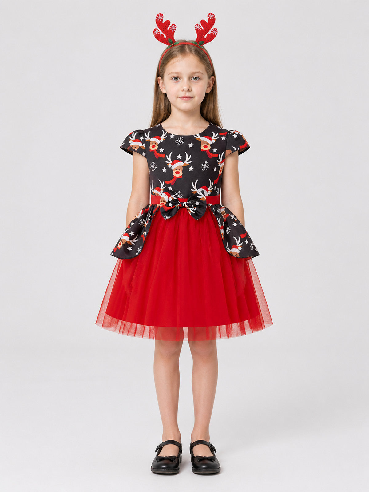 Children’s Christmas Dress with Tulle Skirt and Headband on-model view
