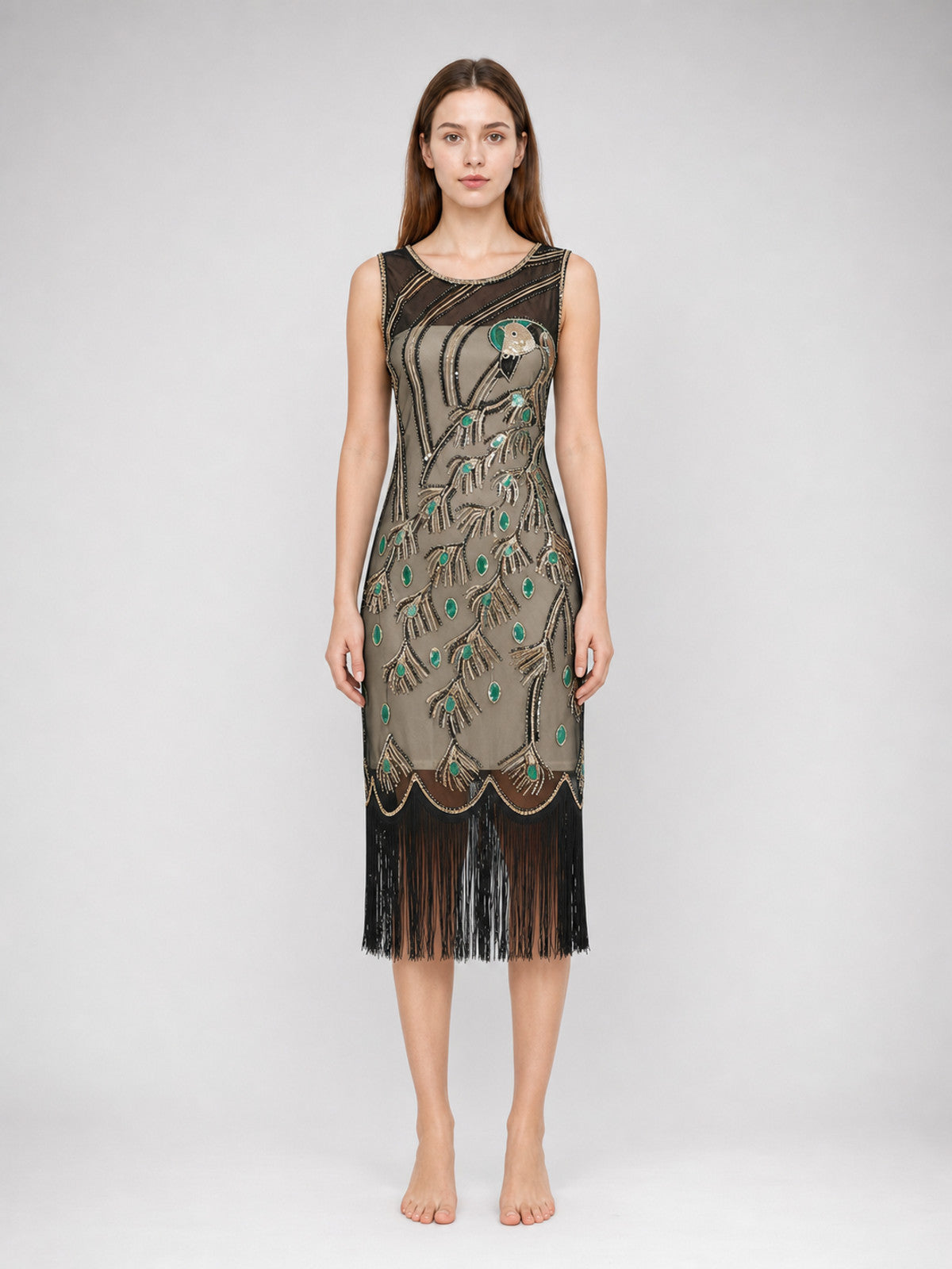 Gatsby-Style Dress with Fringe and Sequins front view