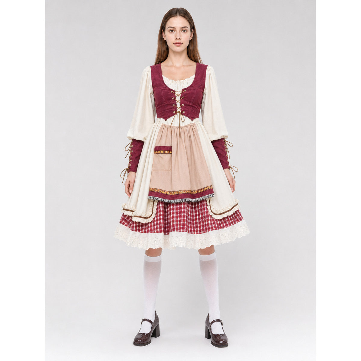 Little Red Riding Hood Costume with Apron and Full Skirt on-model view