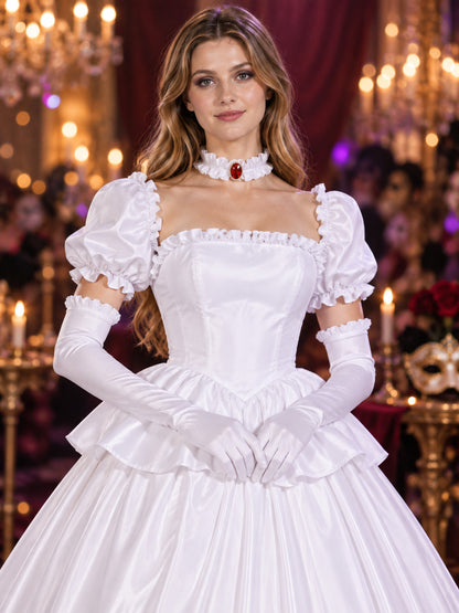 White Satin Cosplay Costume with Gloves and Choker