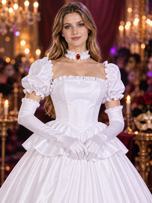 White Satin Cosplay Costume with Gloves and Choker