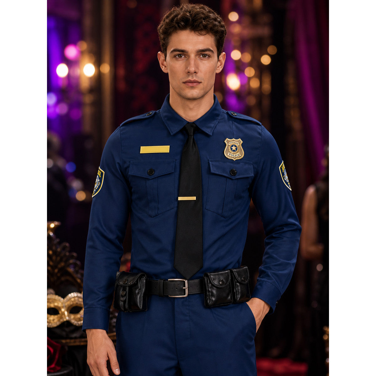 Police Officer Costume Set with Badge, Belt, and Tie - Navy Blue on-model view