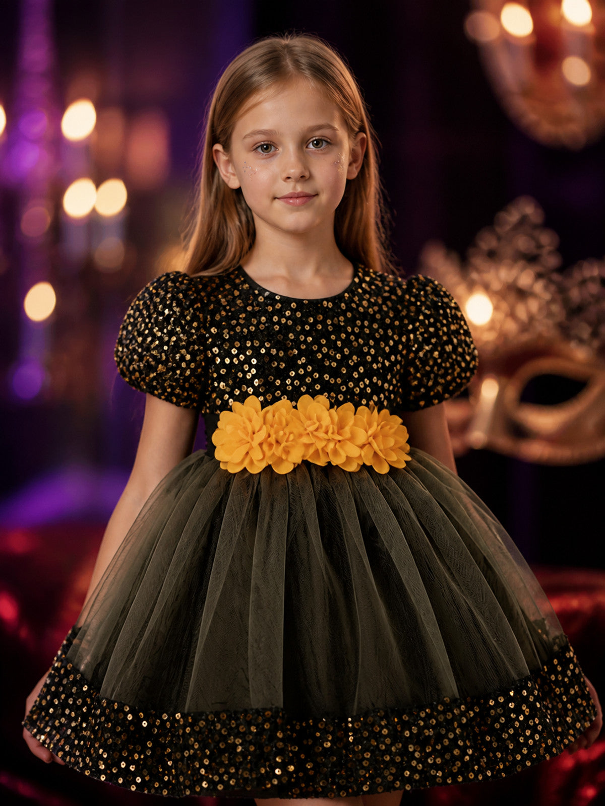 Baby Girls' Sequined Princess Dress with 3D Flowers and Tulle Skirt on-model view