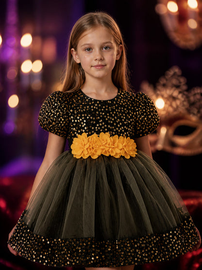 Baby Girls' Sequined Princess Dress with 3D Flowers and Tulle Skirt on-model view