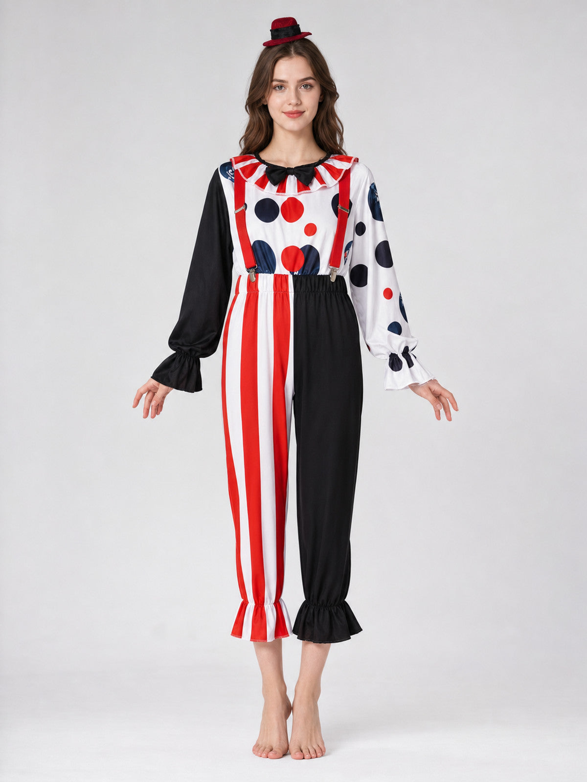 This bright clown costume is designed for themed looks, cosplay, Halloween front view