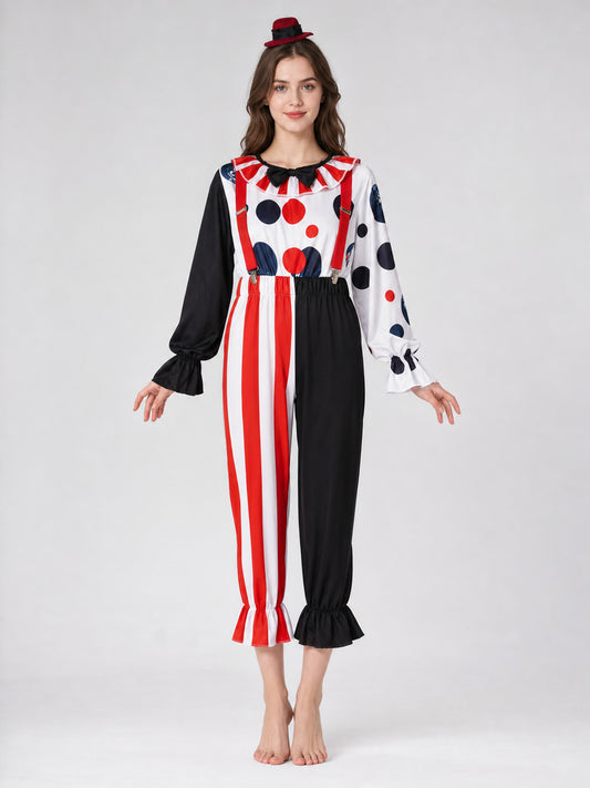 This bright clown costume is designed for themed looks, cosplay, Halloween front view