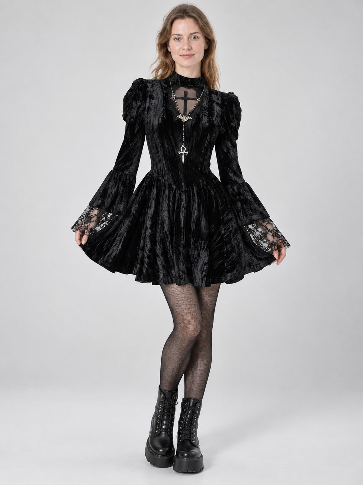 Gothic Black Mini Dress with Long Sleeves and Cross
