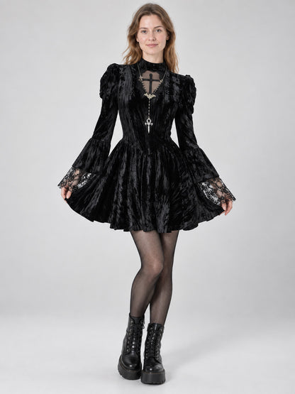 Gothic Black Mini Dress with Long Sleeves and Cross