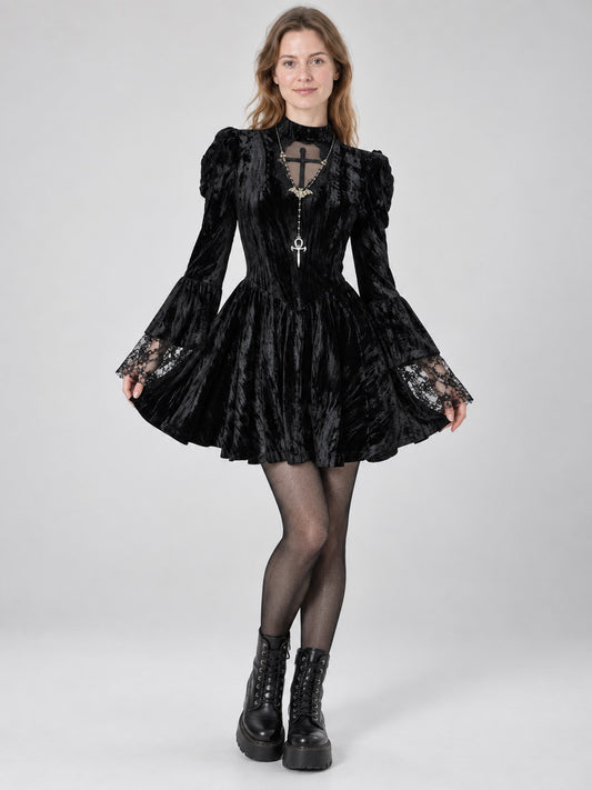 Gothic Black Mini Dress with Long Sleeves and Cross
