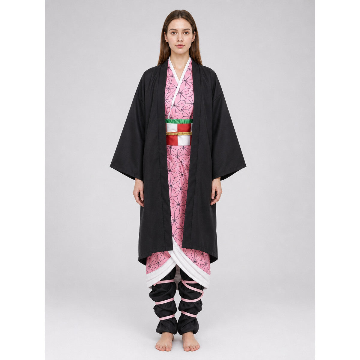 Anime-style cosplay costume: kimono, sash, and accessories on-model view