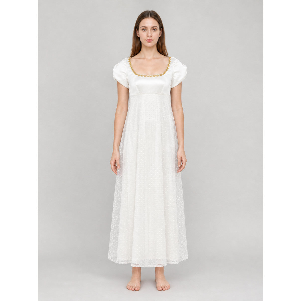 Polka-Dot Dress with a Square Neckline and Puff Sleeves front view