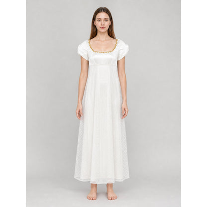 Polka-Dot Dress with a Square Neckline and Puff Sleeves front view