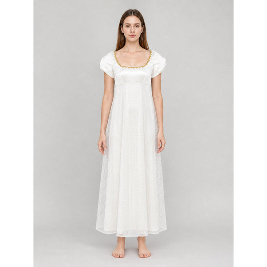 Polka-Dot Dress with a Square Neckline and Puff Sleeves front view