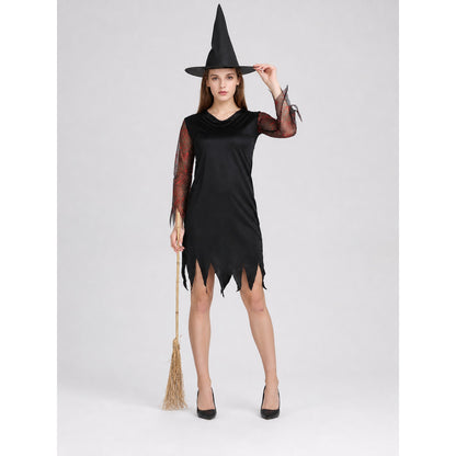 Halloween costume set for a standout look and themed events. The set includes a pointed wide-brim hat and a one-piece long-sleeve dress. The style is mostly black, while the semi-sheer sleeves made from lightweight mesh have a dark red-and-