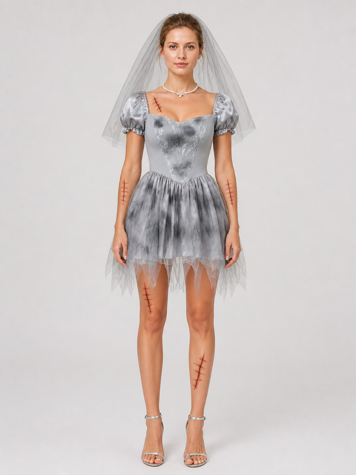 Gray Ghost Bride Dress with Veil and Ragged Hem on-model view