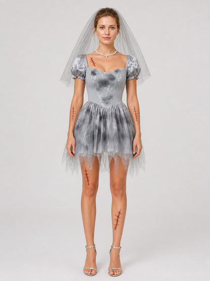 Gray Ghost Bride Dress with Veil and Ragged Hem on-model view