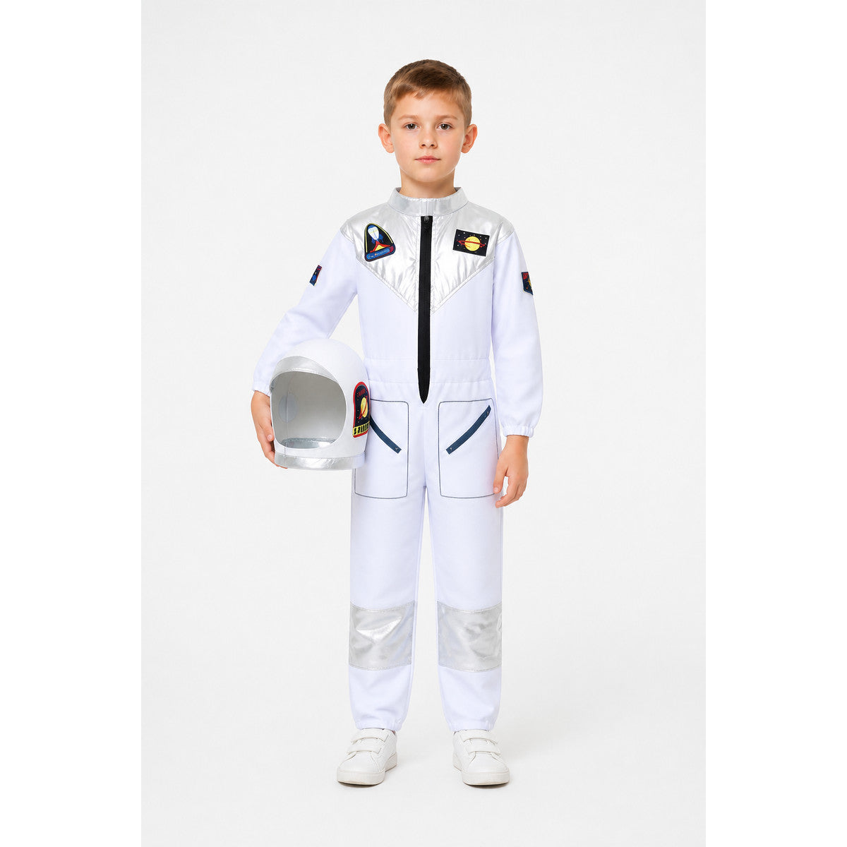 Children's astronaut costume with helmet and silver-toned accents main product view