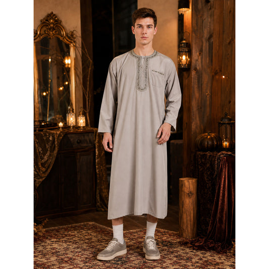 Modest Traditional Long Embroidered Robe, Loose Full-Length Design, Long Sleeves, Collarless Round Neck, Religious and Cultural Wear