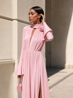 Women's Long Dress with Draping and Flowers
