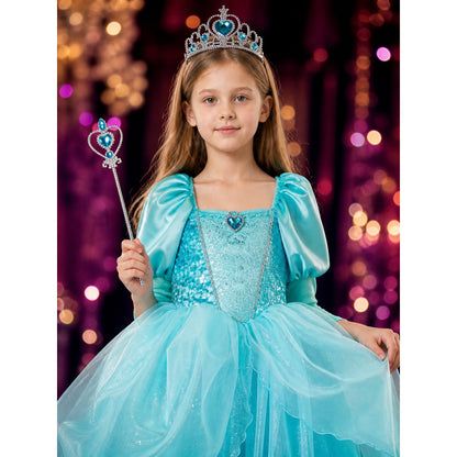 Girls Ariel Princess Costume Dress with Crown and Wand, Layered Tulle Sea Green on-model view