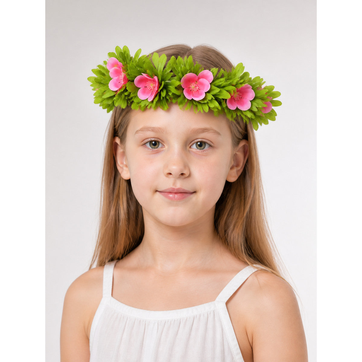 Carnival Headband with Pink Flowers and Green Leaves main product view
