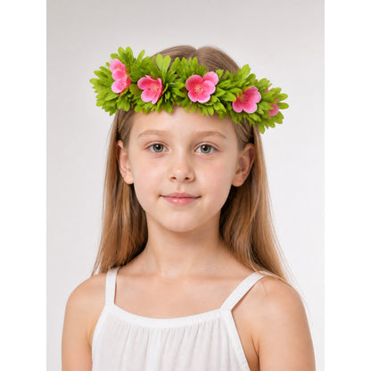 Carnival Headband with Pink Flowers and Green Leaves main product view