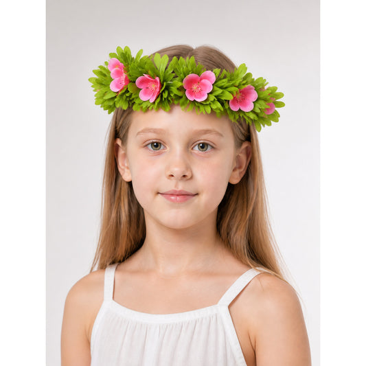 Carnival Headband with Pink Flowers and Green Leaves main product view