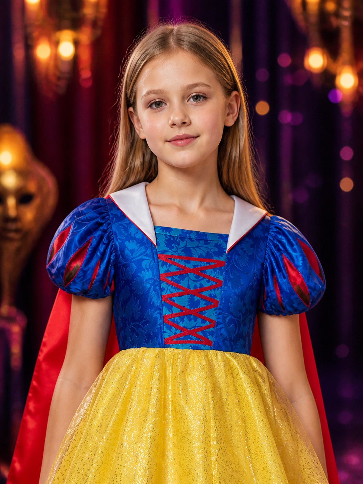 Kids Princess Costume Dress with Cape, Blue and Yellow Ball Gown Halloween on-model view