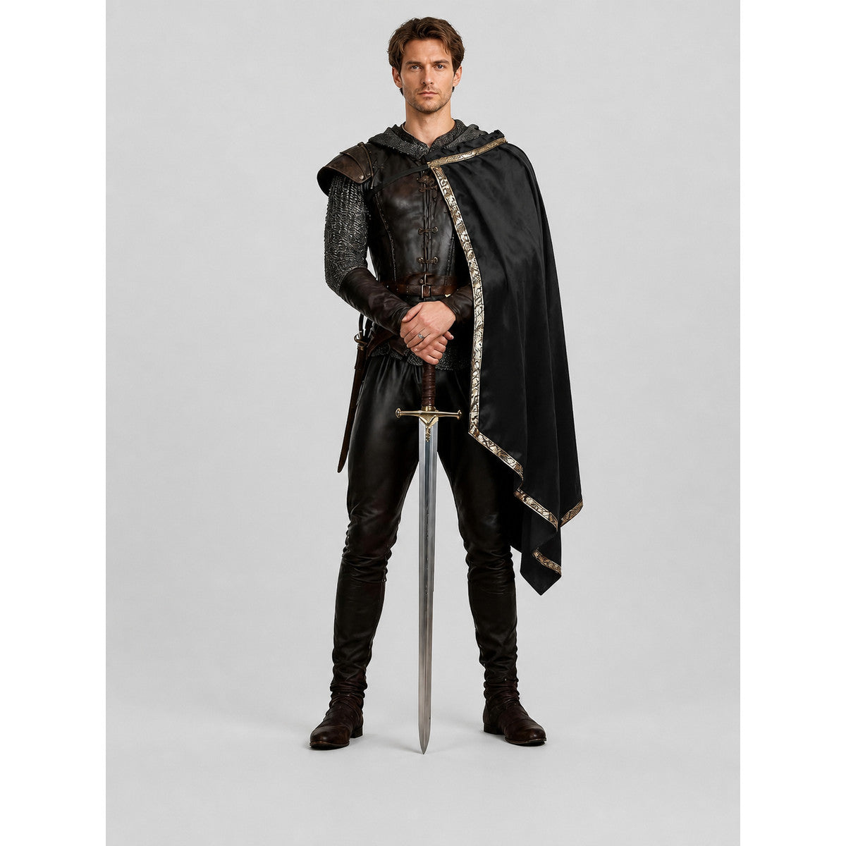 Black medieval costume shown full-body on a model, with a leather-look vest, chainmail sleeves, hooded cape, gold trim, trousers, boots, and sword