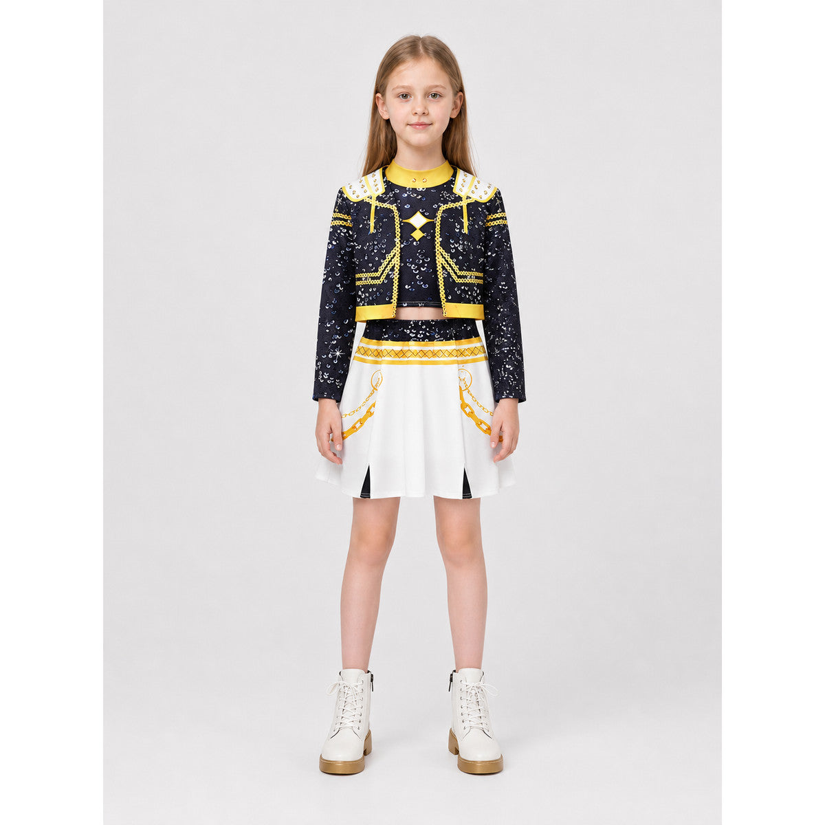 Children's Dark Blue Stage Costume with Jacket and Skirt on-model view
