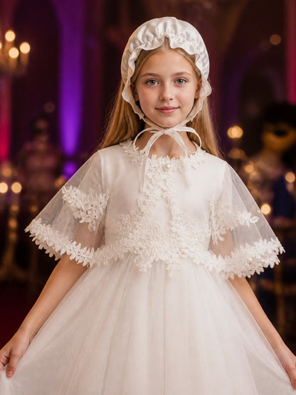 Baby Girls' White Princess Dress With Floral Trim And Ruffle Hat, Outfit Set on-model view