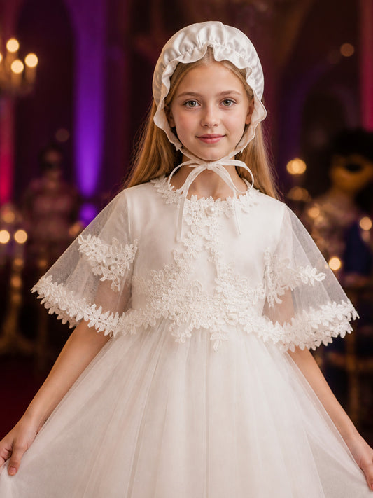 Baby Girls' White Princess Dress With Floral Trim And Ruffle Hat, Outfit Set on-model view