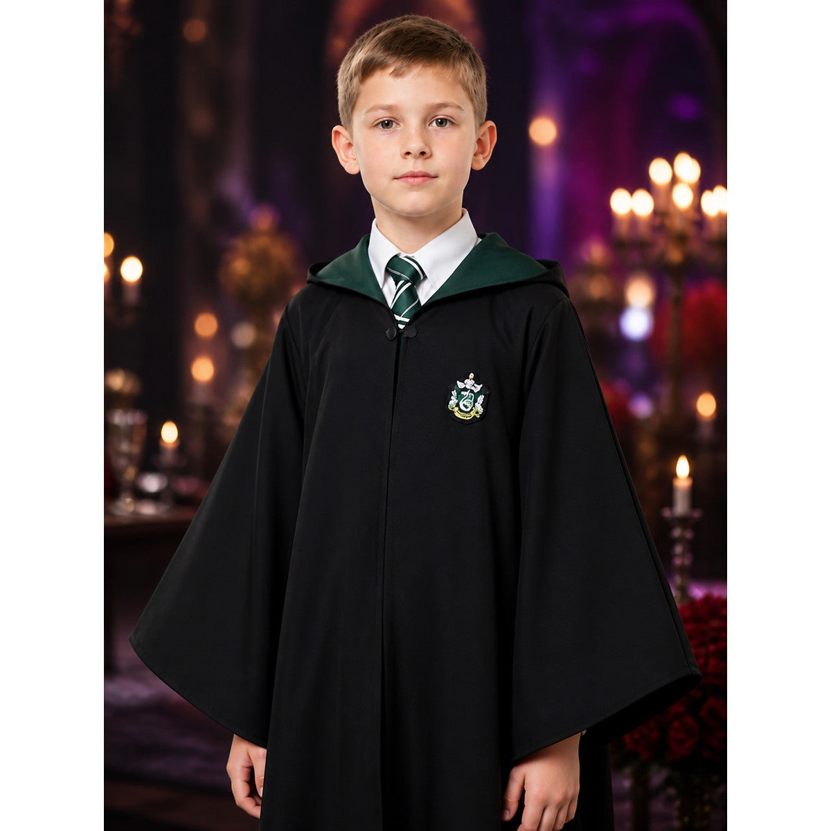 Kids Wizard School Costume, Long Black Robe with Green Trim and Badge on-model view