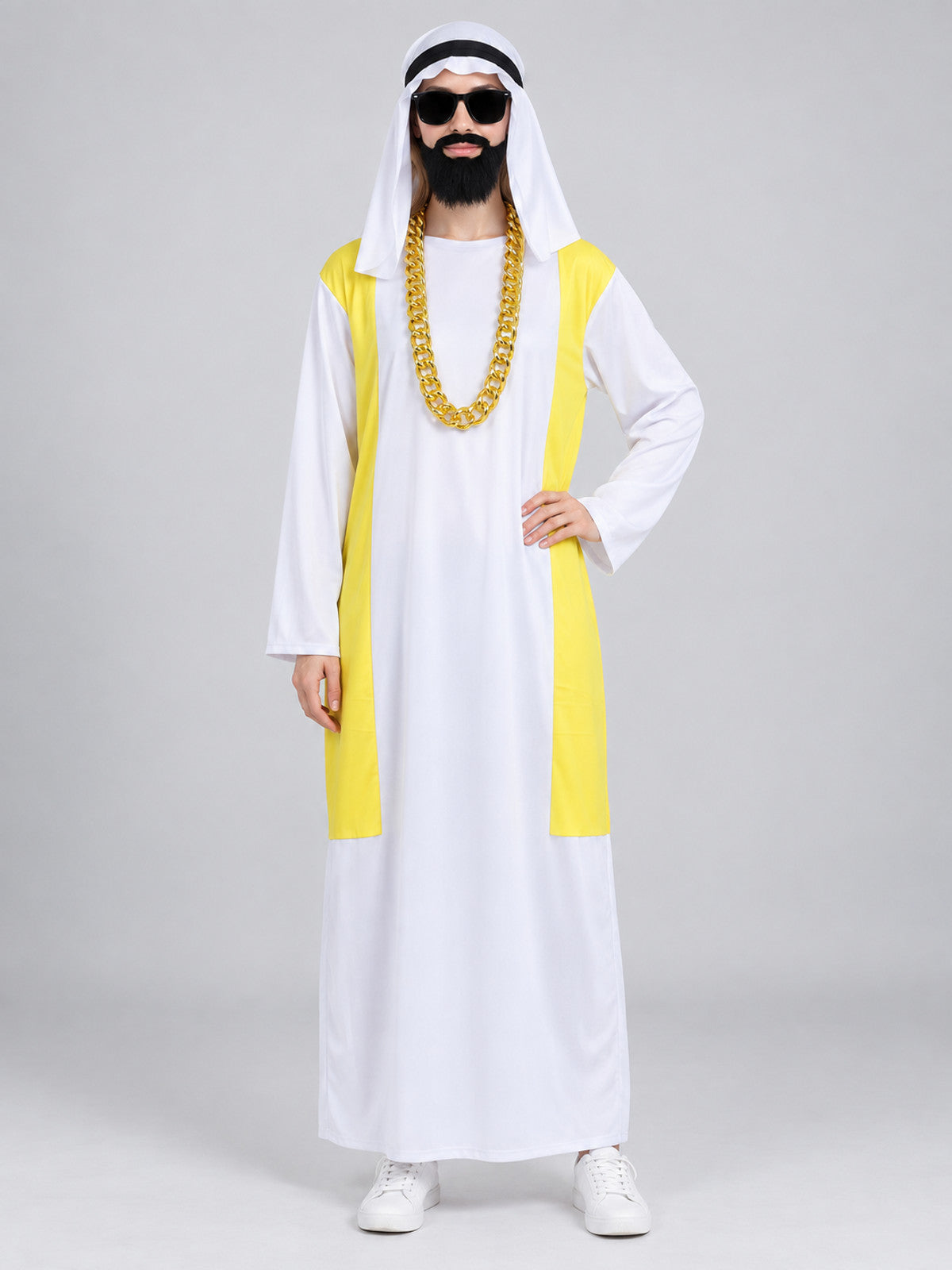 Carnival costume with scarf, beard, and chain, white and yellow
