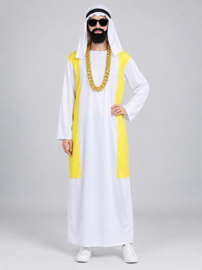 Carnival costume with scarf, beard, and chain, white and yellow