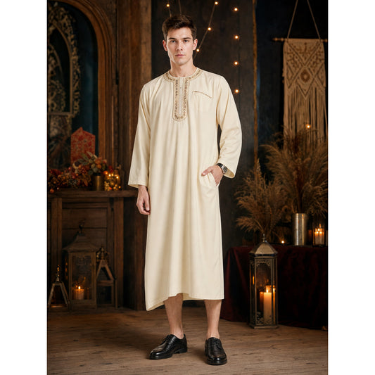 Men's Traditional Muslim Long Robe, Cream Ivory Ankle-Length Design with Embroidered Chest Placket and Long Sleeves for Formal Gatherings