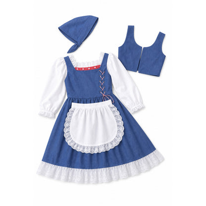 Vintage-Style Costume Dress with Blue Headscarf on-model view