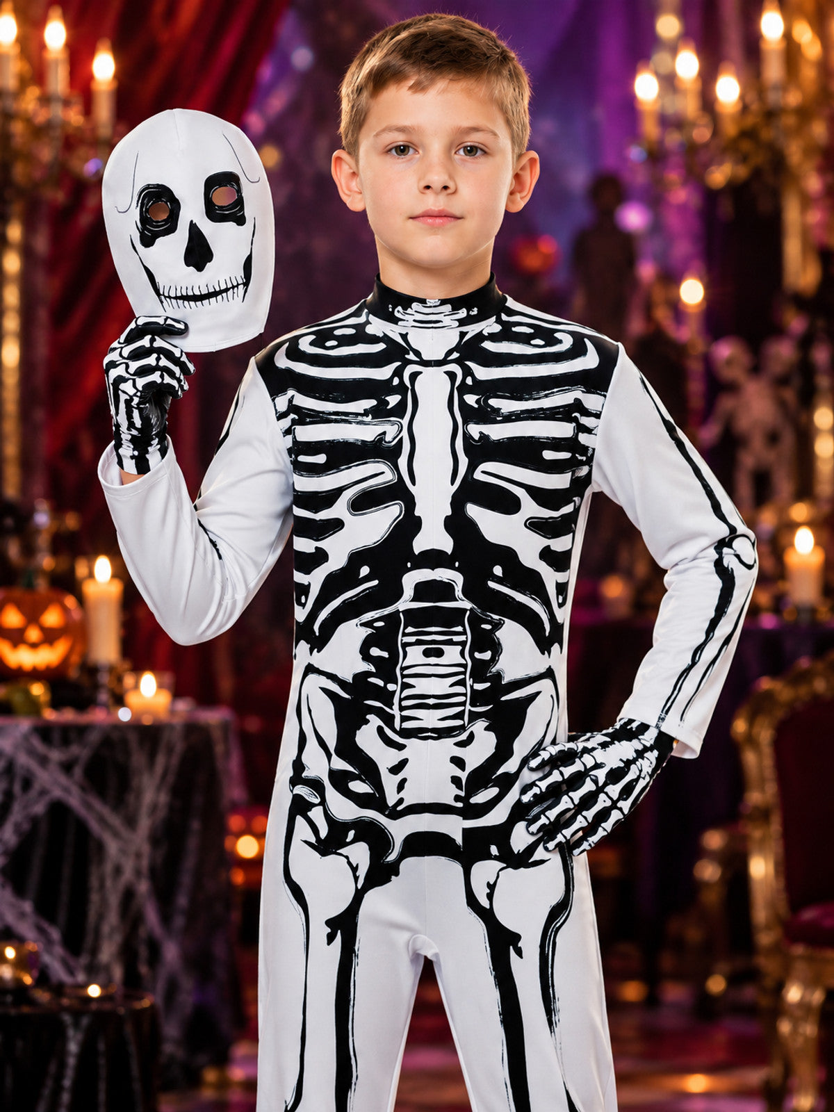 Skeleton Halloween Costume: White Jumpsuit, Skull Mask