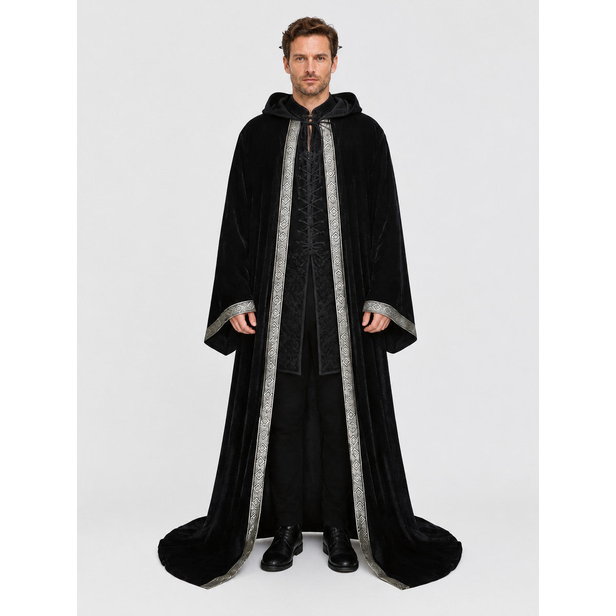 Black Hooded Halloween Cloak with Silver Trim